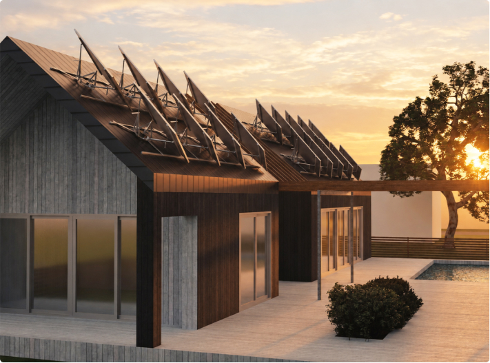 Solar tracking panels installed on a modern house at sunset